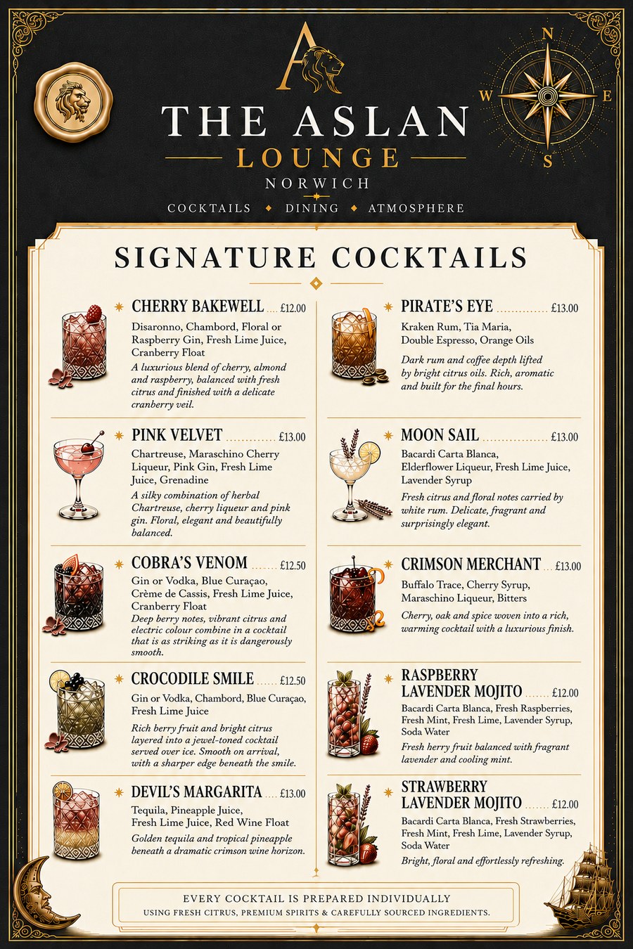 Signature cocktails menu — The Aslan Lounge